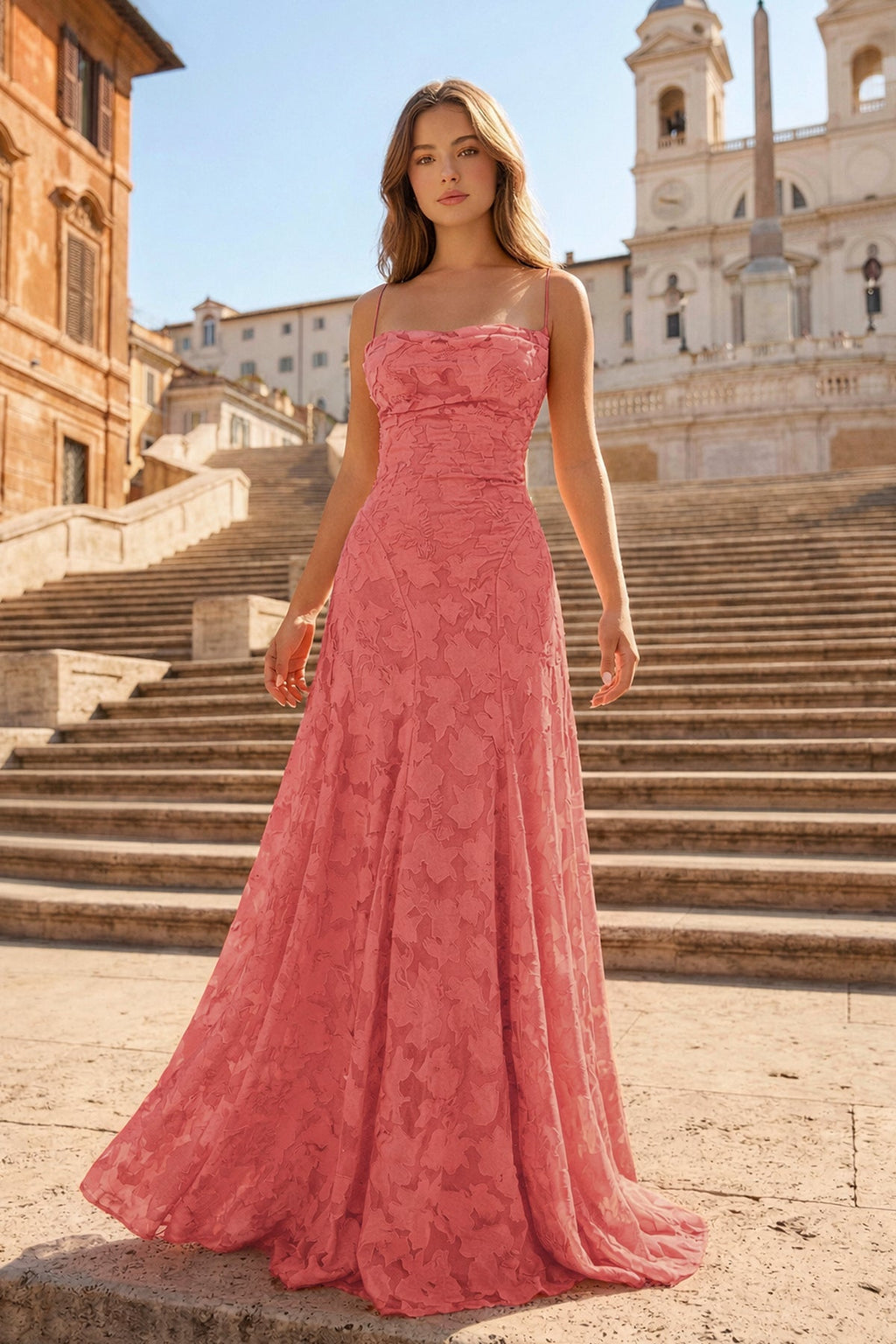 Pink A-Line Lace Floral Spaghetti Straps Long Prom Dresses - Curvevia