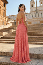 Pink A-Line Lace Floral Spaghetti Straps Long Prom Dresses - Curvevia
