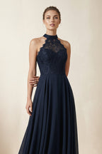 Lace Halter A-Line Chiffon Bridesmaid Dress in Dark Navy - Curvevia