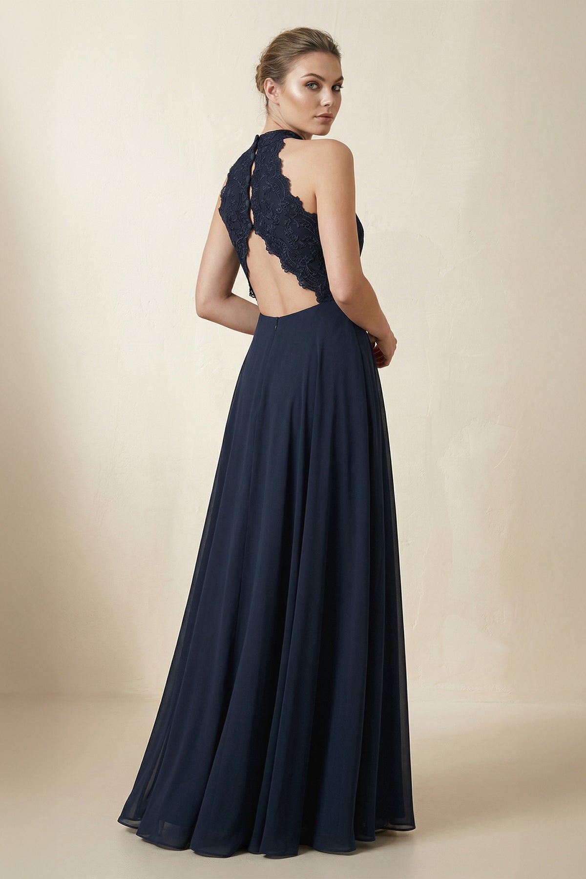Lace Halter A-Line Chiffon Bridesmaid Dress in Dark Navy - Curvevia
