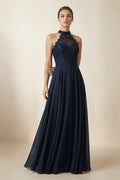 Lace Halter A-Line Chiffon Bridesmaid Dress in Dark Navy - Curvevia