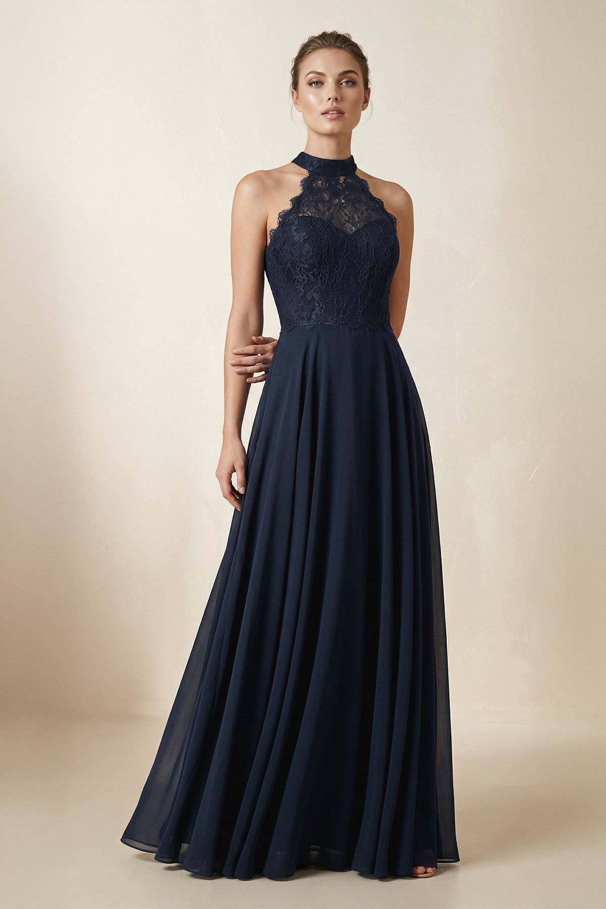 Lace Halter A-Line Chiffon Bridesmaid Dress in Dark Navy - Curvevia