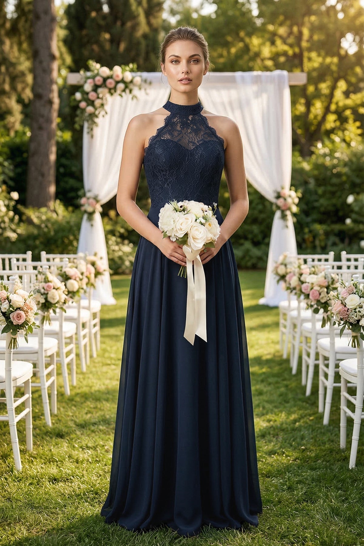 Lace Halter A-Line Chiffon Bridesmaid Dress in Dark Navy - Curvevia