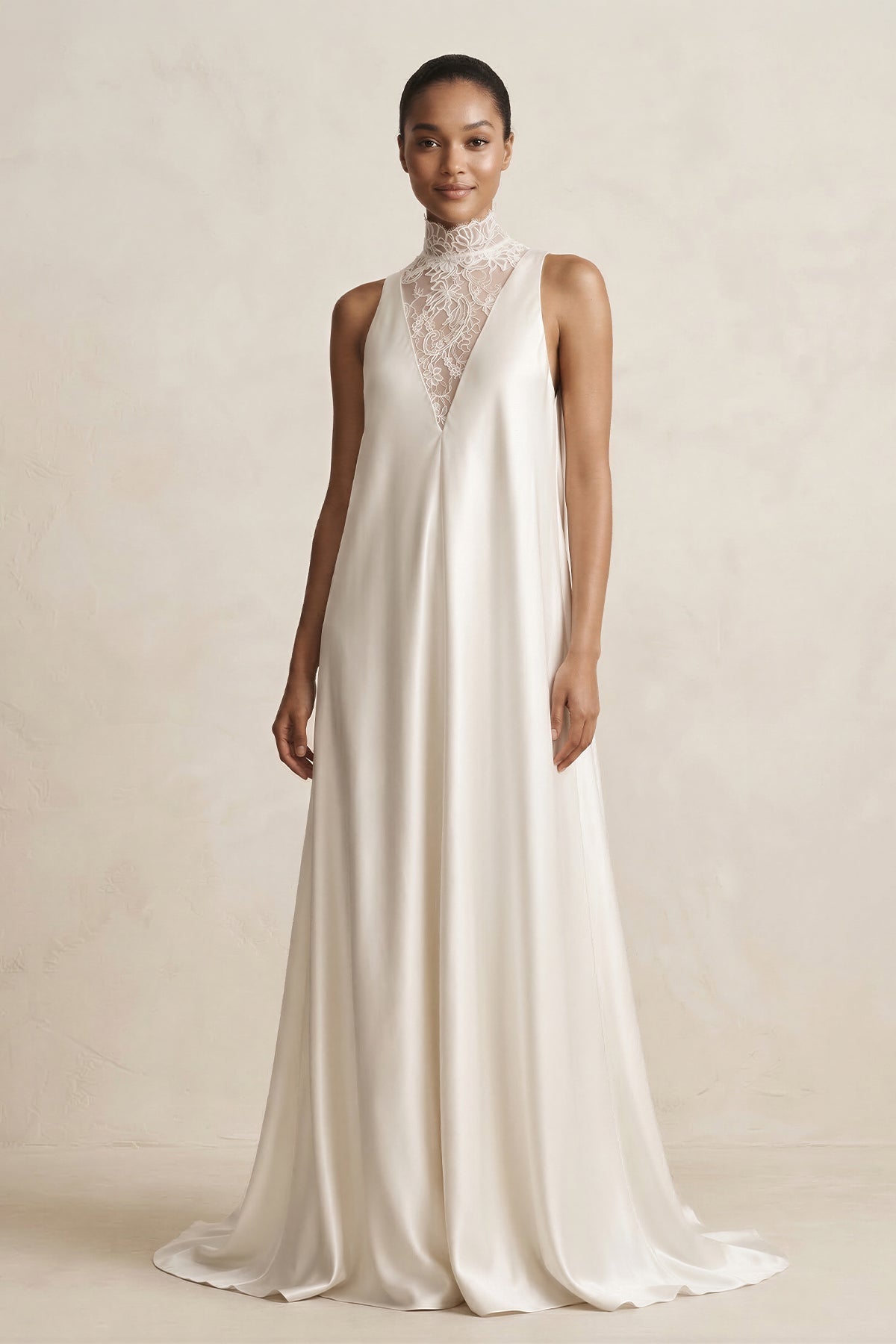 Lace Illusion Neck Satin A-Line Wedding Dress in Ivory - Curvevia