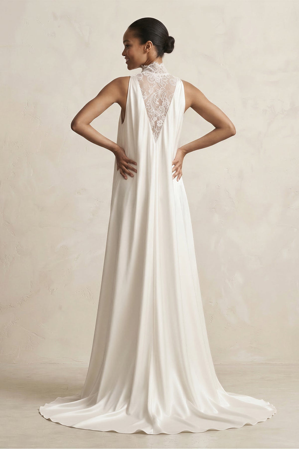 Lace Illusion Neck Satin A-Line Wedding Dress in Ivory - Curvevia