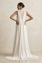 Lace Illusion Neck Satin A-Line Wedding Dress in Ivory - Curvevia