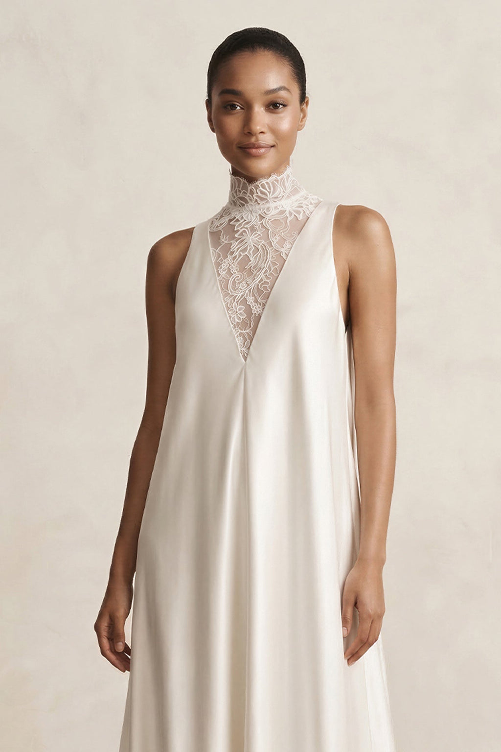 Lace Illusion Neck Satin A-Line Wedding Dress in Ivory - Curvevia