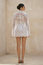 Lace Long Sleeve Plunging V Neck Mini Wedding Dress in Ivory - Curvevia
