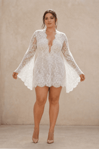Lace Long Sleeve Plunging V Neck Mini Wedding Dress in Ivory - Curvevia