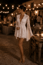 Lace Long Sleeve Plunging V Neck Mini Wedding Dress in Ivory - Curvevia