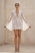 Lace Long Sleeve Plunging V Neck Mini Wedding Dress in Ivory - Curvevia