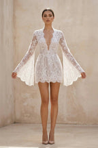 Lace Long Sleeve Plunging V Neck Mini Wedding Dress in Ivory - Curvevia