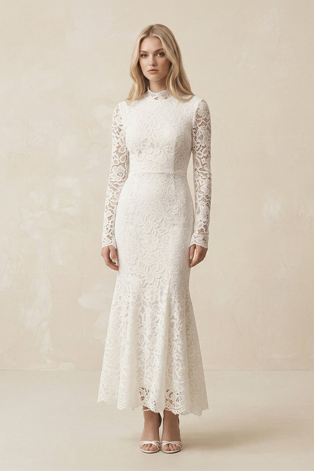 Lace Mermaid High-Neck Midi Wedding Dress With Long Sleeves in Ivory - Curvevia