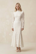 Lace Mermaid High-Neck Midi Wedding Dress With Long Sleeves in Ivory - Curvevia