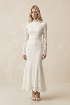 Lace Mermaid High-Neck Midi Wedding Dress With Long Sleeves in Ivory - Curvevia