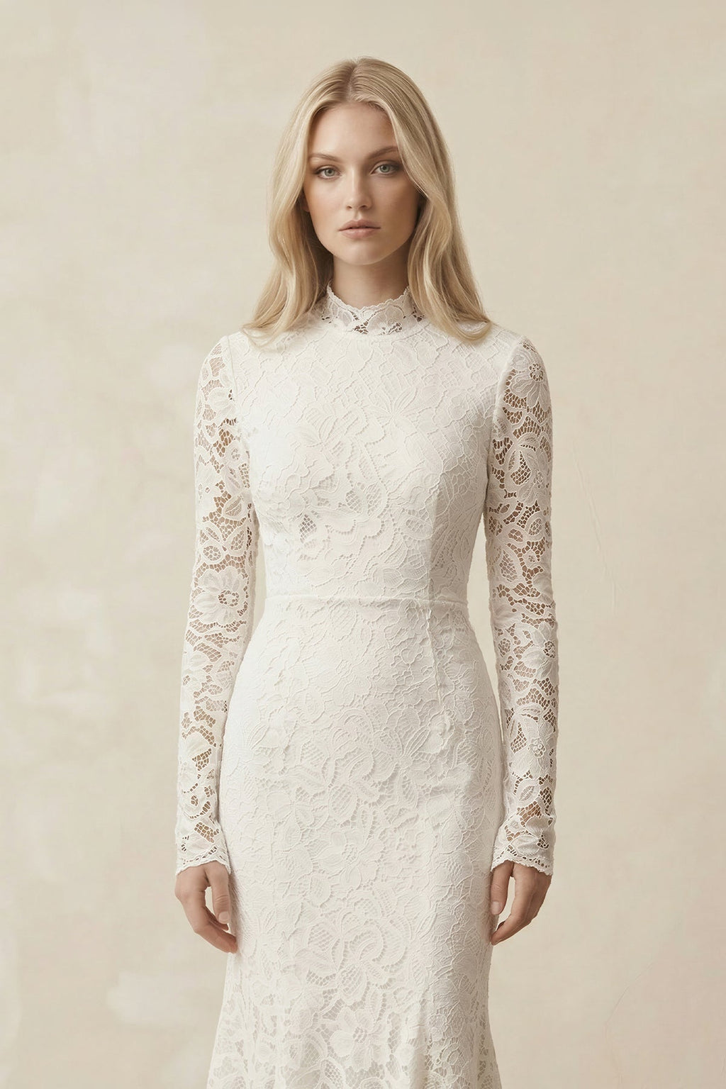 Lace Mermaid High-Neck Midi Wedding Dress With Long Sleeves in Ivory - Curvevia