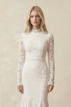 Lace Mermaid High-Neck Midi Wedding Dress With Long Sleeves in Ivory - Curvevia