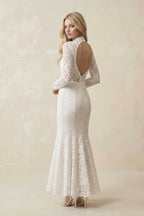 Lace Mermaid High-Neck Midi Wedding Dress With Long Sleeves in Ivory - Curvevia