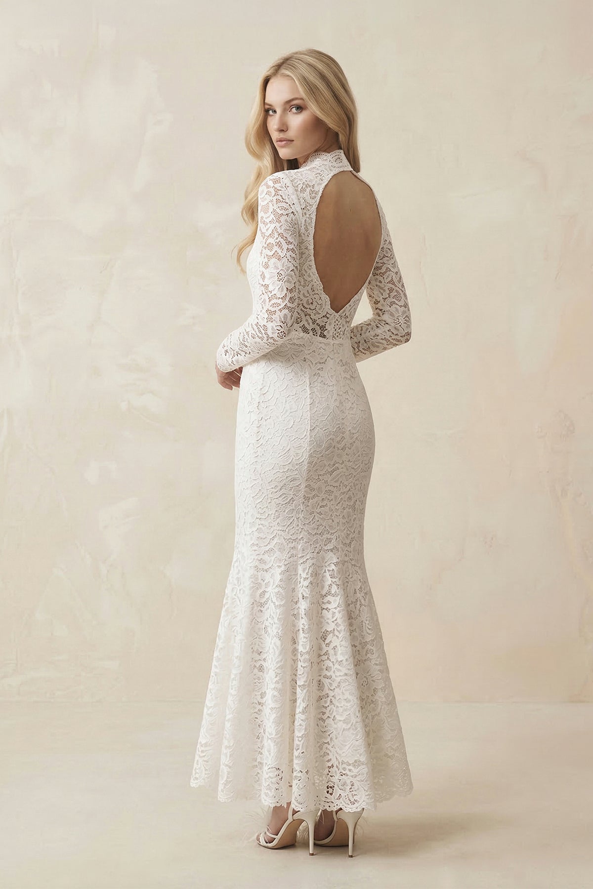 Lace Mermaid High-Neck Midi Wedding Dress With Long Sleeves in Ivory - Curvevia