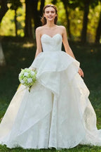 Lace Open Back Sweetheart Cascading Ruffles Sleeveless Bridal Ball Gown - Curvevia