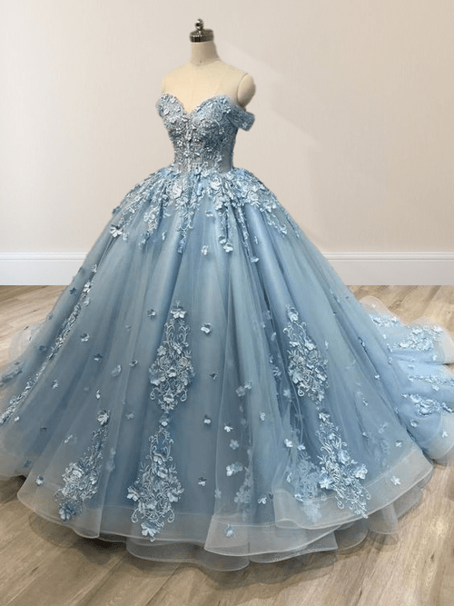 Lace Sky Blue Off the Shoulder Ball Gown Quinceanera Dresses - Curvevia