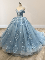 Lace Sky Blue Off the Shoulder Ball Gown Quinceanera Dresses - Curvevia