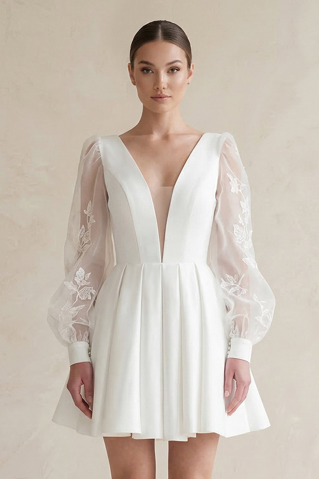 Lace V-Neck A-Line Satin Wedding Dress With Long Sleeves in White - Curvevia