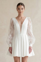 Lace V-Neck A-Line Satin Wedding Dress With Long Sleeves in White - Curvevia
