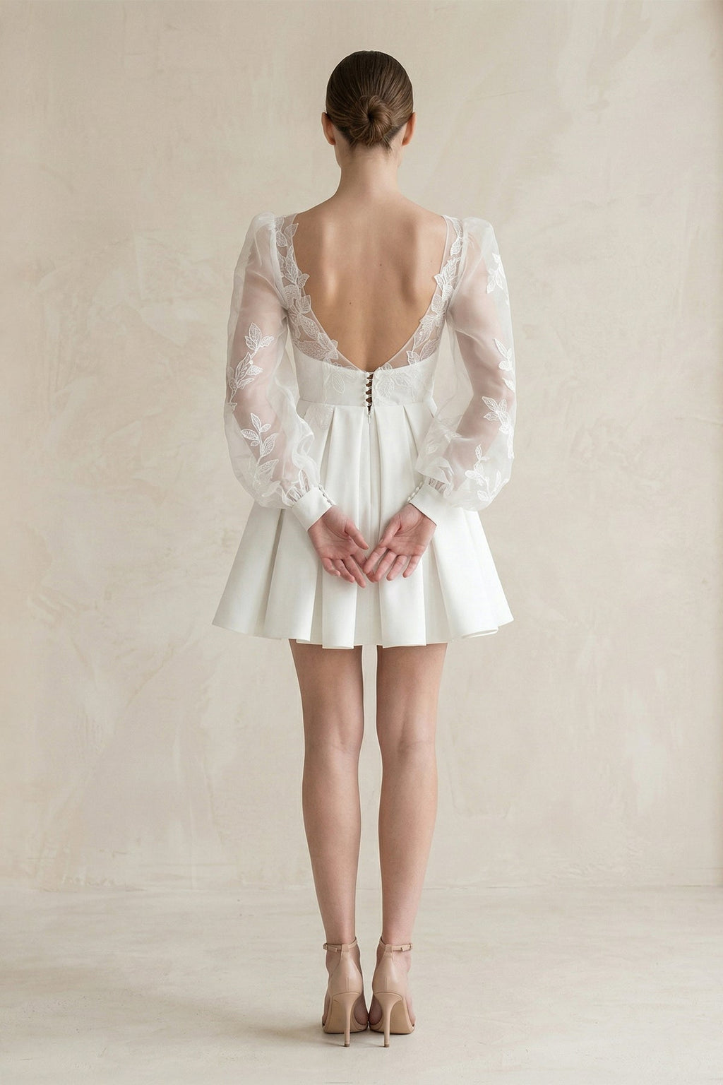 Lace V-Neck A-Line Satin Wedding Dress With Long Sleeves in White - Curvevia