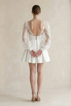 Lace V-Neck A-Line Satin Wedding Dress With Long Sleeves in White - Curvevia