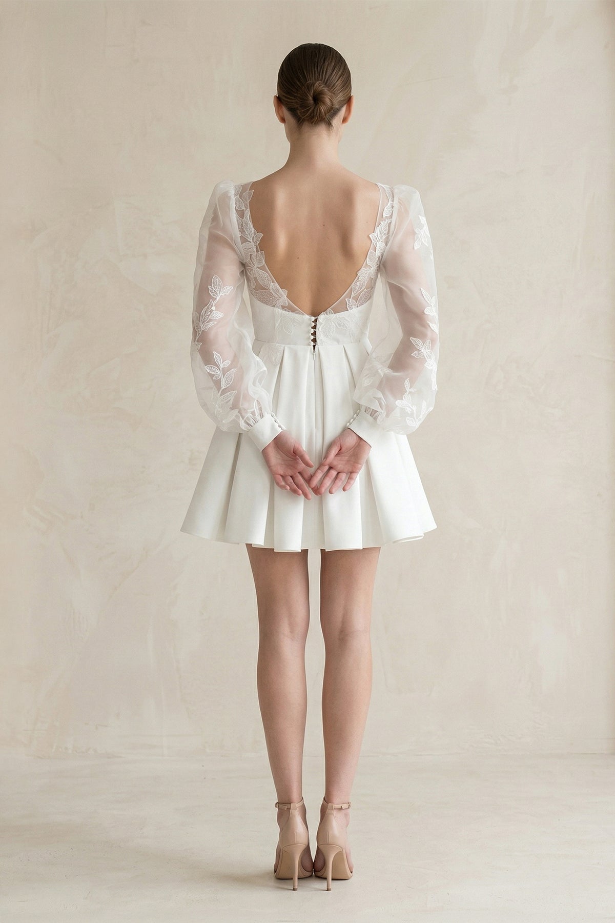 Lace V-Neck A-Line Satin Wedding Dress With Long Sleeves in White - Curvevia