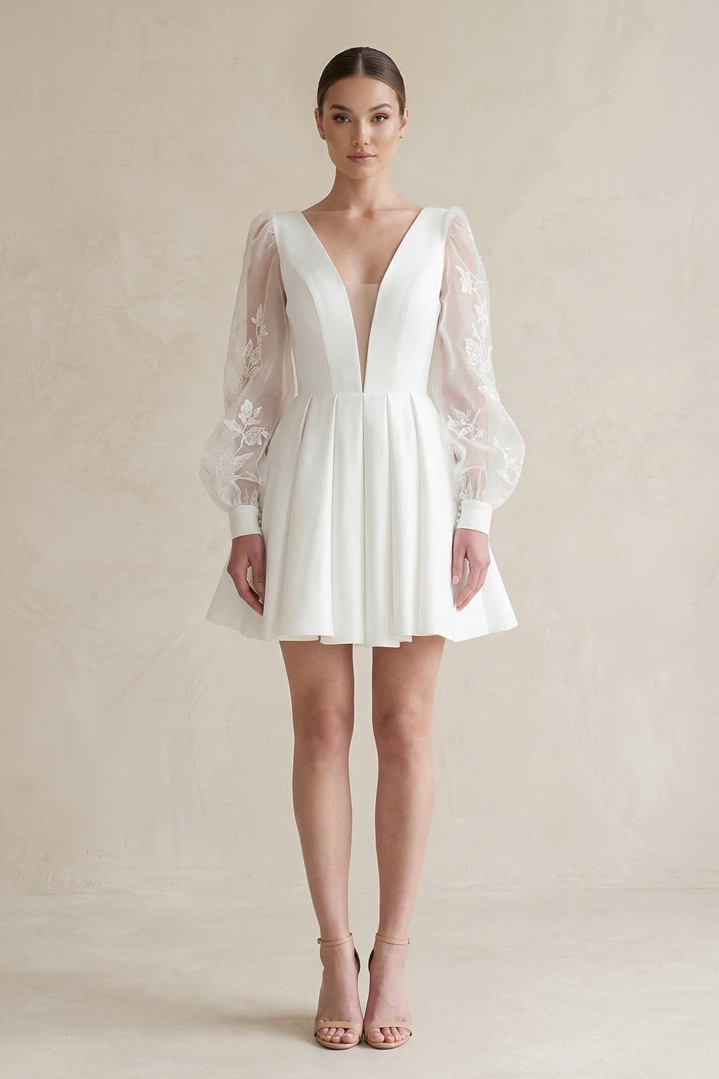 Lace V-Neck A-Line Satin Wedding Dress With Long Sleeves in White - Curvevia