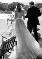 Luxurious Lace Beading Long Sleeves A-Line Pleated Tulle Wedding Dresses - Curvevia