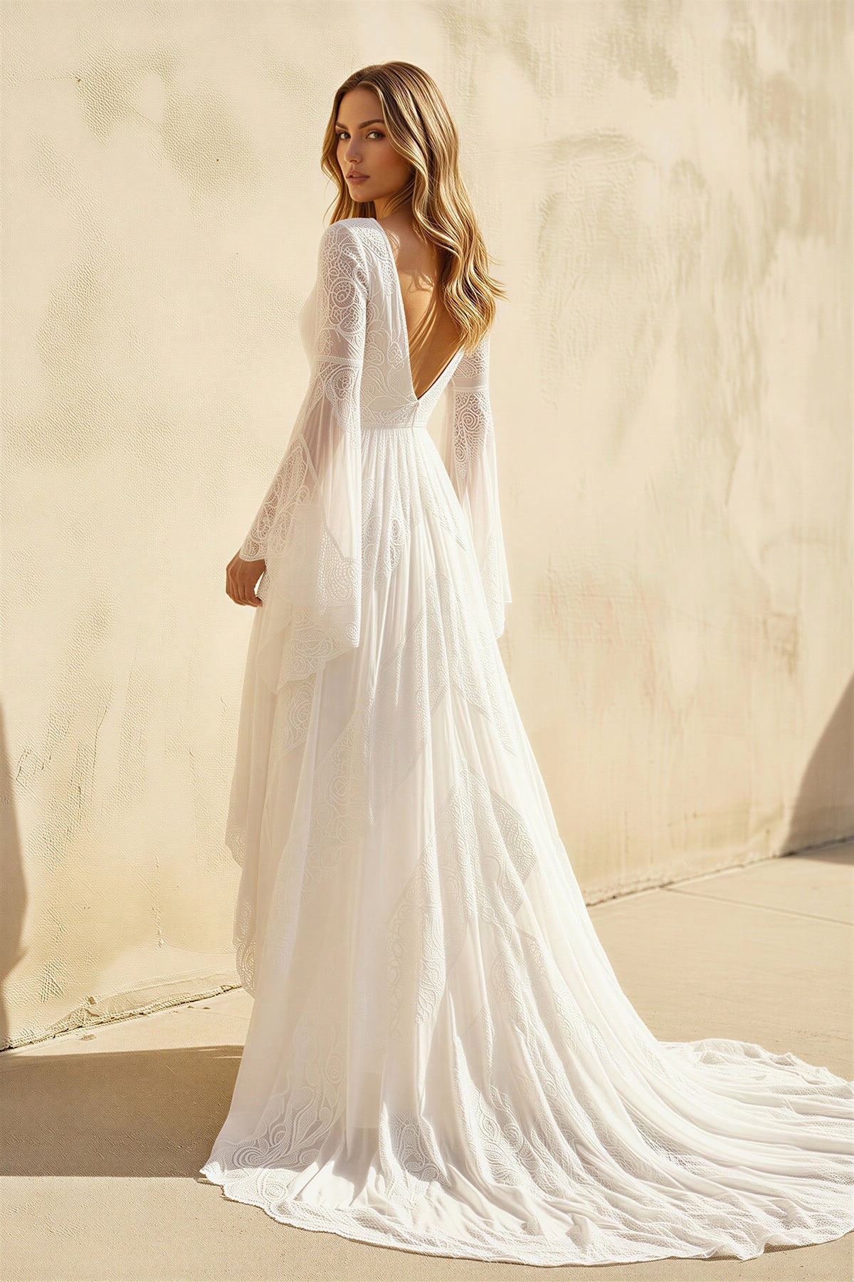 Simple Casual Long Sleeves Boho Lace Wedding Dress With Sweep Train - Curvevia