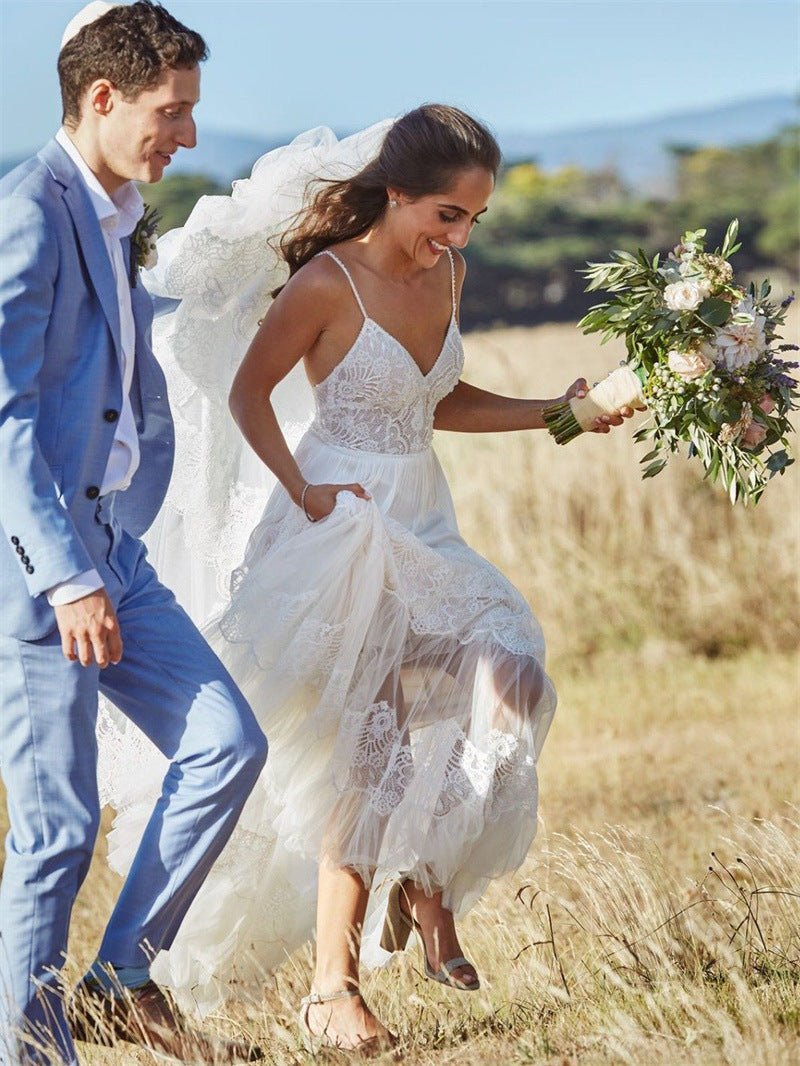 Simple A-Line V Neck Sleeveless Spaghetti Straps Beach Wedding Dresses - Curvevia