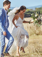 Simple A-Line V Neck Sleeveless Spaghetti Straps Beach Wedding Dresses - Curvevia
