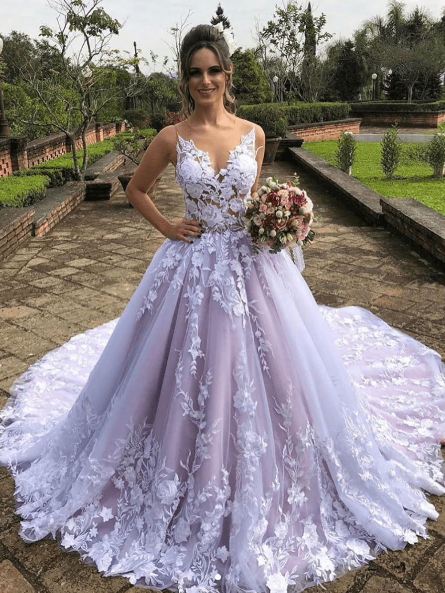 Light Purple Sleeveless A Line V-Neck Lace Wedding Dresses - Curvevia