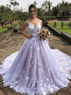 Light Purple Sleeveless A Line V-Neck Lace Wedding Dresses - Curvevia