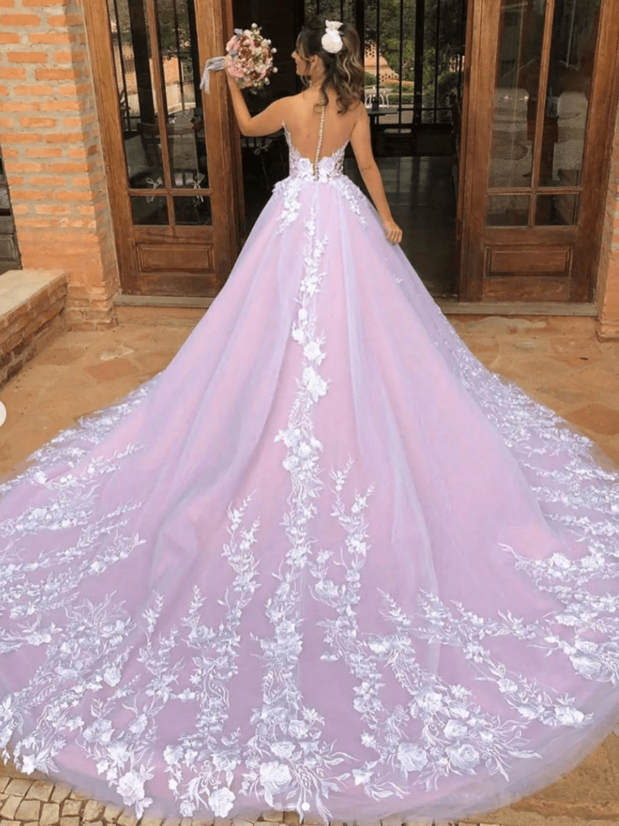 Light Purple Sleeveless A Line V-Neck Lace Wedding Dresses - Curvevia