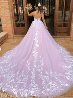 Light Purple Sleeveless A Line V-Neck Lace Wedding Dresses - Curvevia