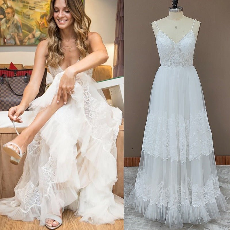 Simple A-Line V Neck Sleeveless Spaghetti Straps Beach Wedding Dresses - Curvevia