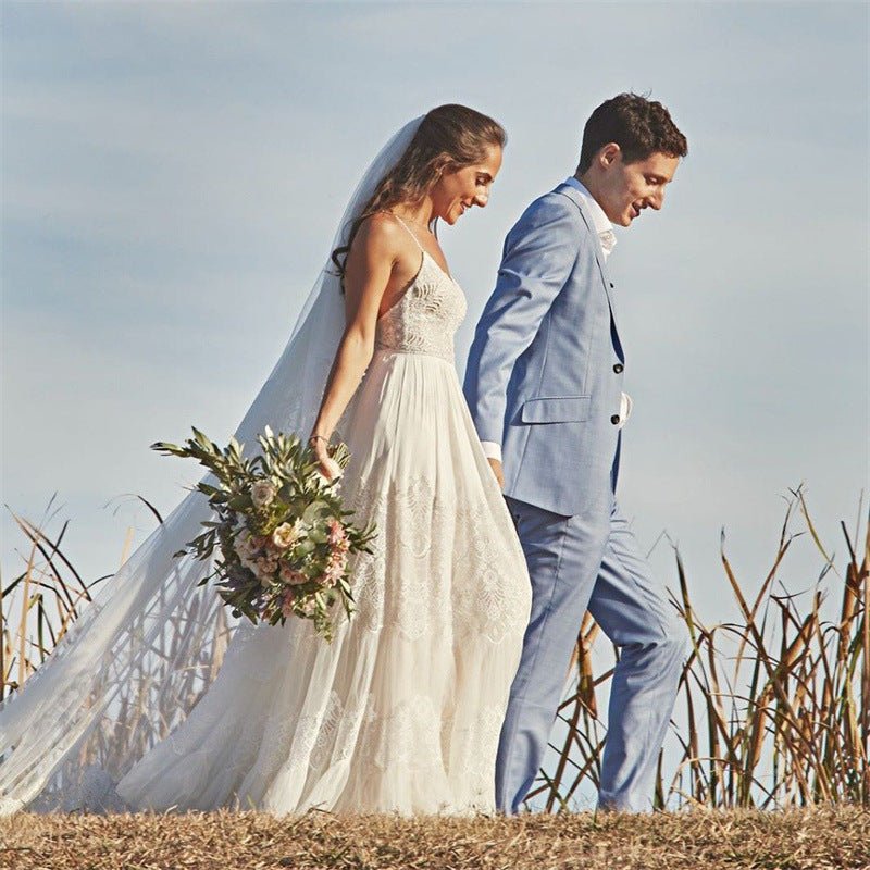Simple A-Line V Neck Sleeveless Spaghetti Straps Beach Wedding Dresses - Curvevia