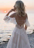 Bohemian Beach Champagne Spaghetti Straps Backless Wedding Dresses - Curvevia
