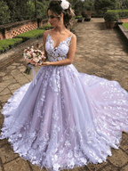 Light Purple Sleeveless A Line V-Neck Lace Wedding Dresses - Curvevia