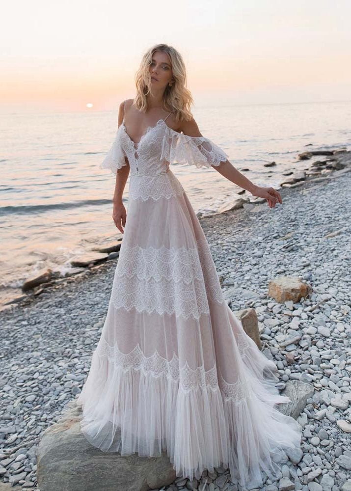 Bohemian Beach Champagne Spaghetti Straps Backless Wedding Dresses - Curvevia