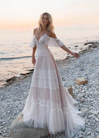 Bohemian Beach Champagne Spaghetti Straps Backless Wedding Dresses - Curvevia