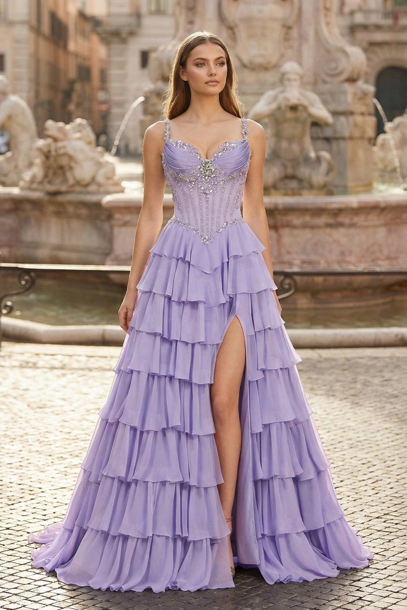 Lilac Spaghetti Straps Chiffon Ruffled A Line Long Formal Prom Dresses With Beading - Curvevia