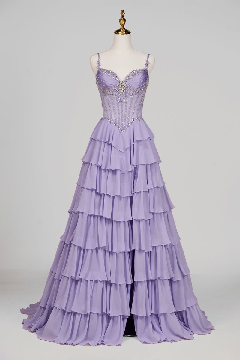 Lilac Spaghetti Straps Chiffon Ruffled A Line Long Formal Prom Dresses With Beading - Curvevia