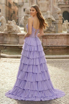 Lilac Spaghetti Straps Chiffon Ruffled A Line Long Formal Prom Dresses With Beading - Curvevia