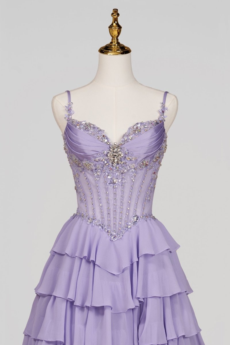 Lilac Spaghetti Straps Chiffon Ruffled A Line Long Formal Prom Dresses With Beading - Curvevia